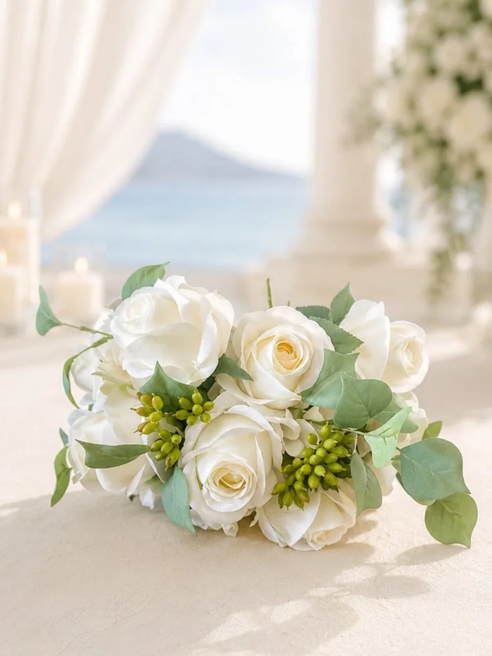 Custom Made Realistic Wedding  Bouquet Silk Roses, Sage & Eucalyptus Greenery